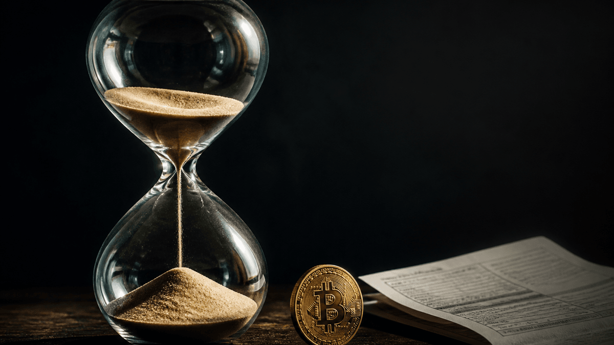Sanduhr mit rinnendem Sand neben einer aufrecht stehenden Münze und einem gefalteten Formular