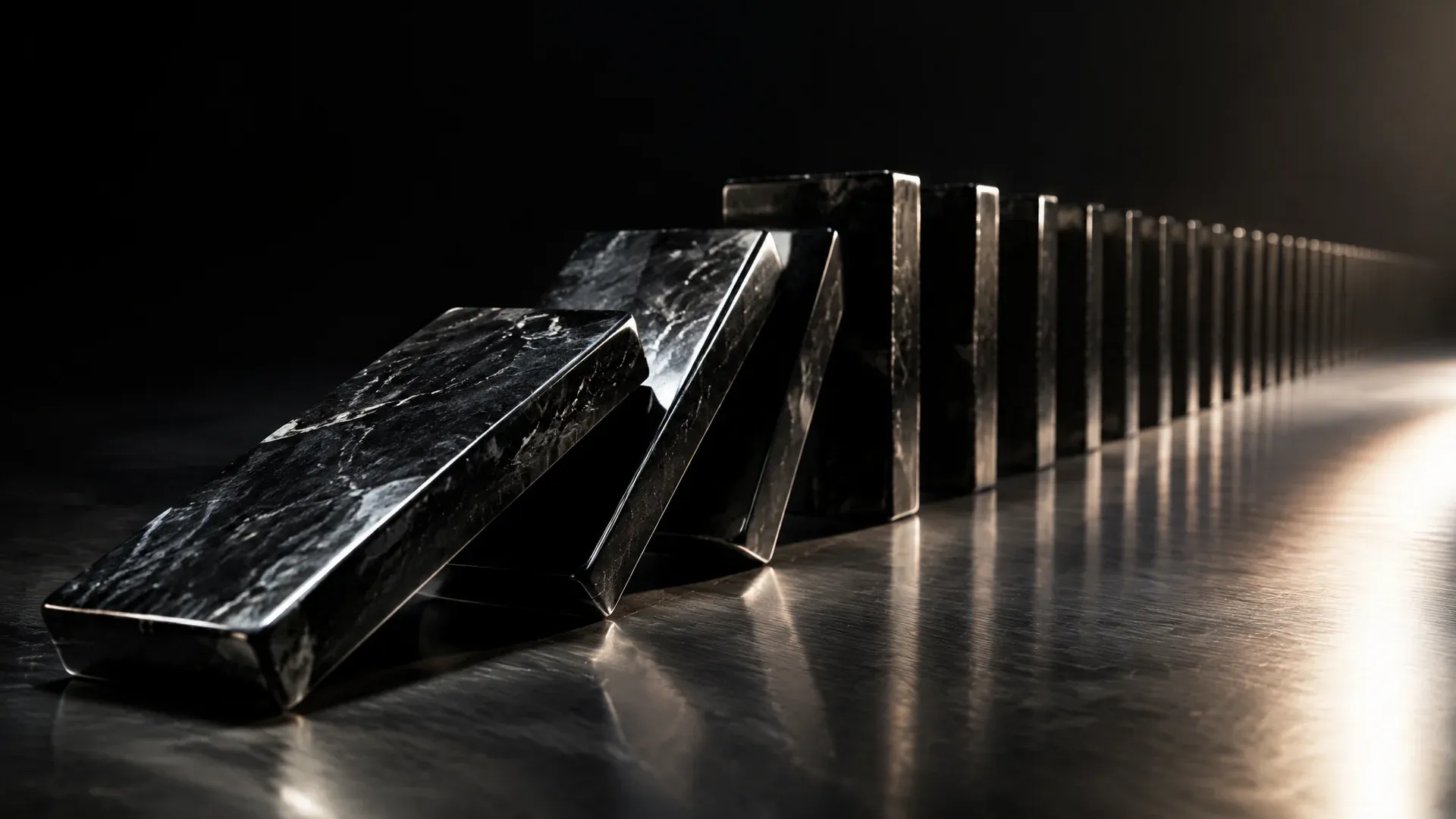 Row of heavy dark dominoes, the three at the front tipping over, hard side lighting