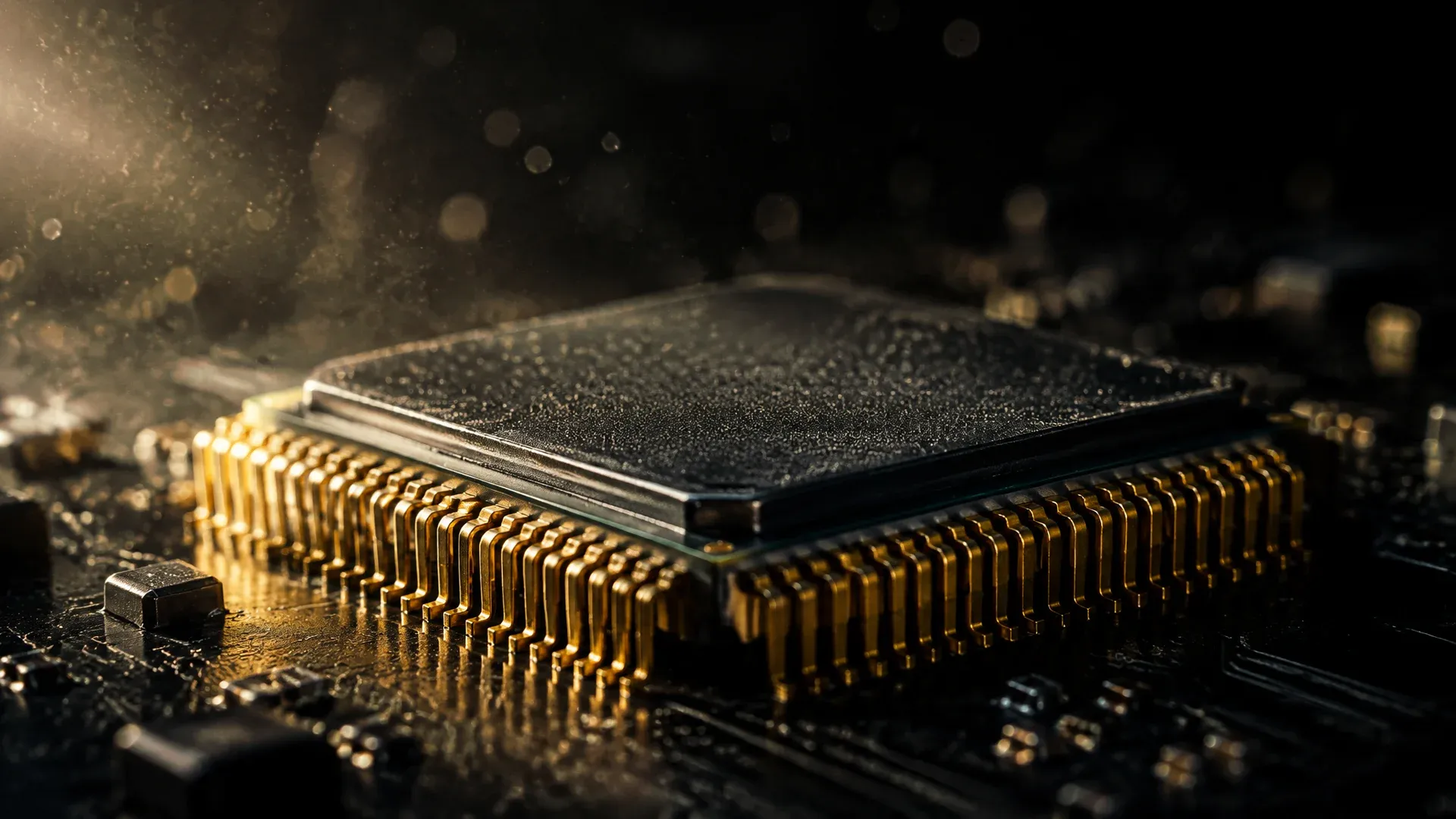Macro shot of a single processor with golden contact pins on a dark circuit board in raking light