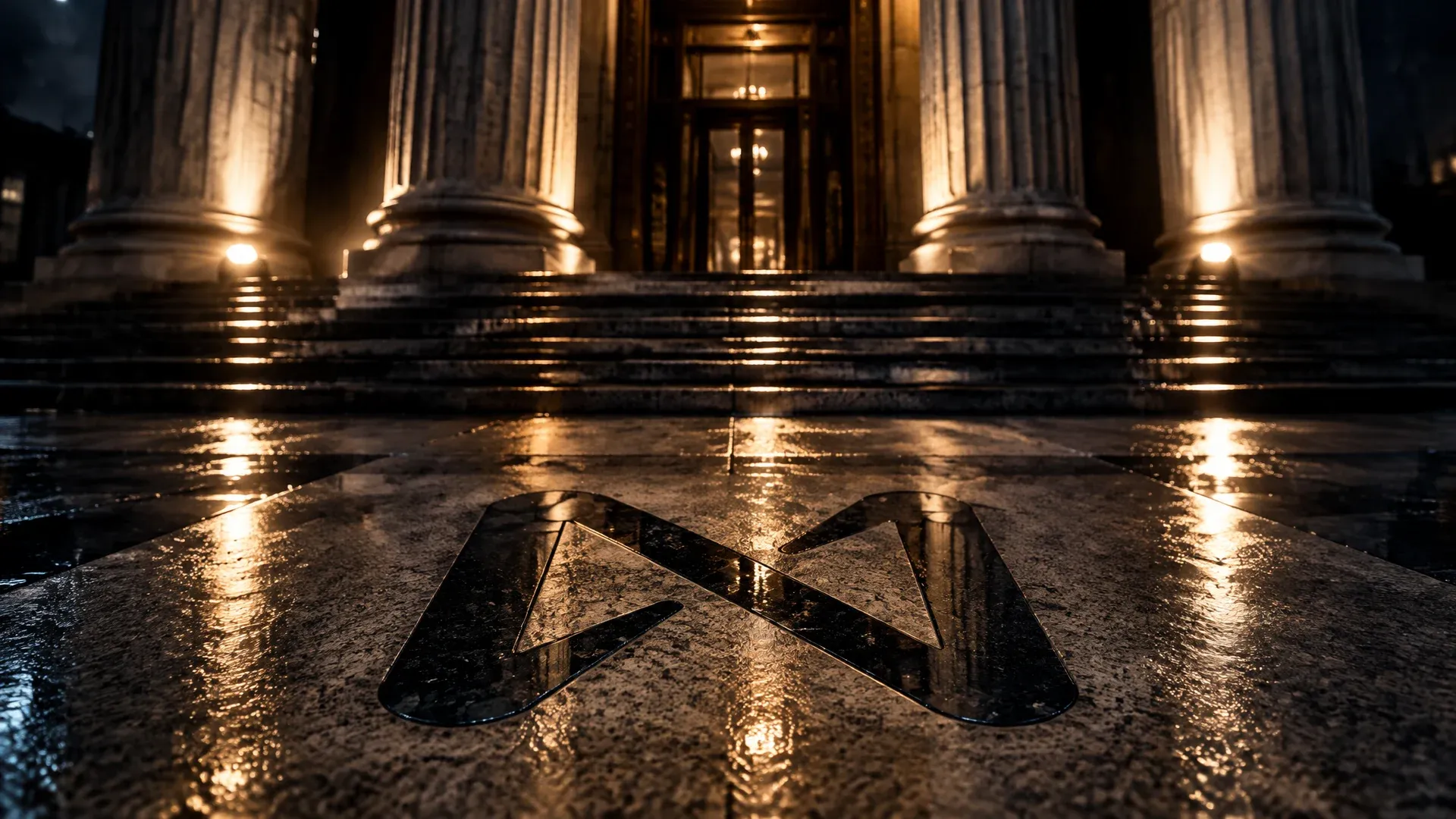 Monumentales steinernes Säulenportal eines Börsengebäudes bei Nacht, auf den nassen Stufen liegt Scheinwerferlicht, im Boden vor dem Eingang das NEAR-Zeichen als polierte Intarsie