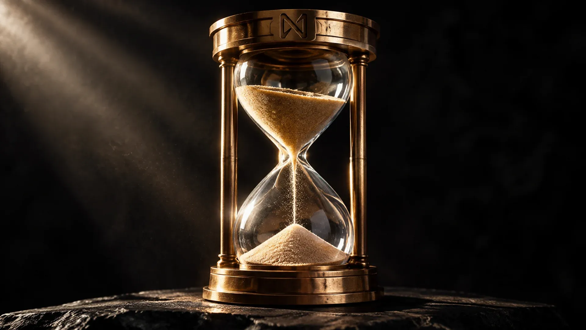 Große gläserne Sanduhr auf dunkler Steinplatte, der obere Kolben noch zu zwei Dritteln gefüllt, der Sandstrahl scharf im Seitenlicht, auf dem Messingrahmen das eingravierte NEAR-Zeichen