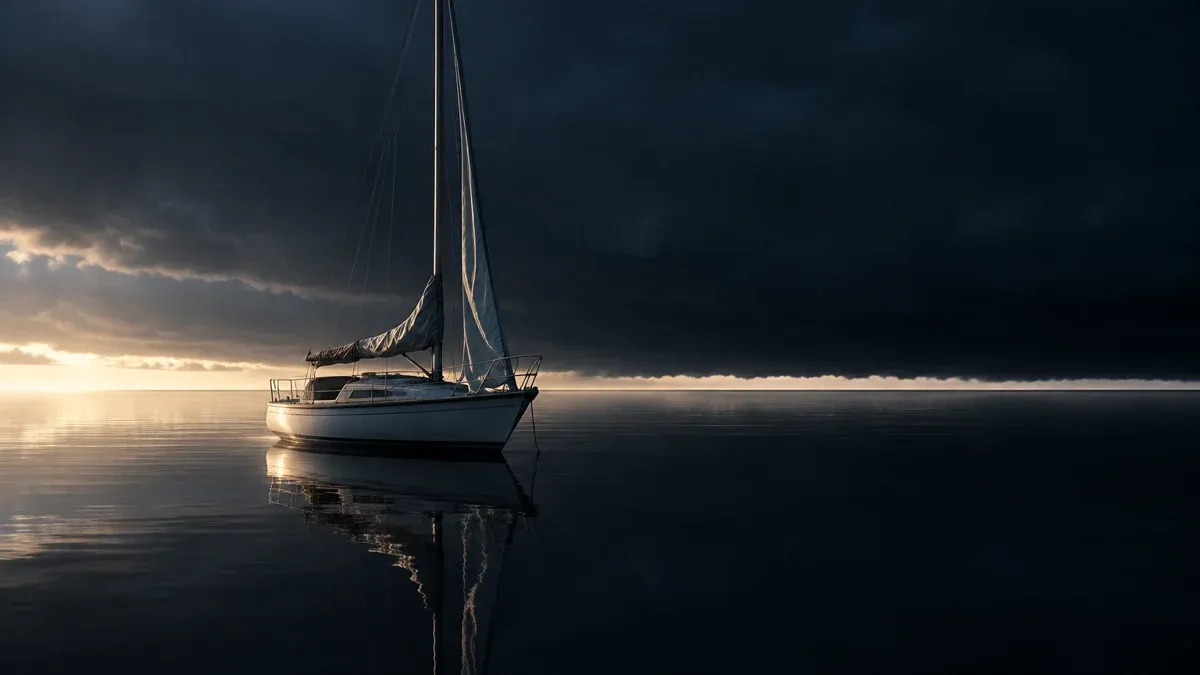 Segelboot mit schlaff herabhängendem Segel liegt bewegungslos auf spiegelglatter dunkler See, am Horizont steht eine kompakte schwarze Böenfront mit scharfer Unterkante