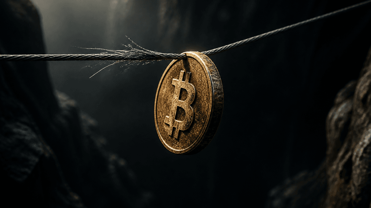 Heavy coin stamped with a Bitcoin symbol hanging from a thin, taut steel cable above an abyss