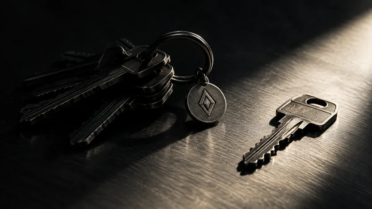 Heavy keyring of dark metal on a brushed steel surface, a single key lying detached from the ring alone in a pool of light