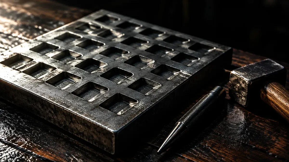 Thick raw steel plate with rows of empty stamped recesses on dark oiled wood, next to it a centre punch and a small hammer