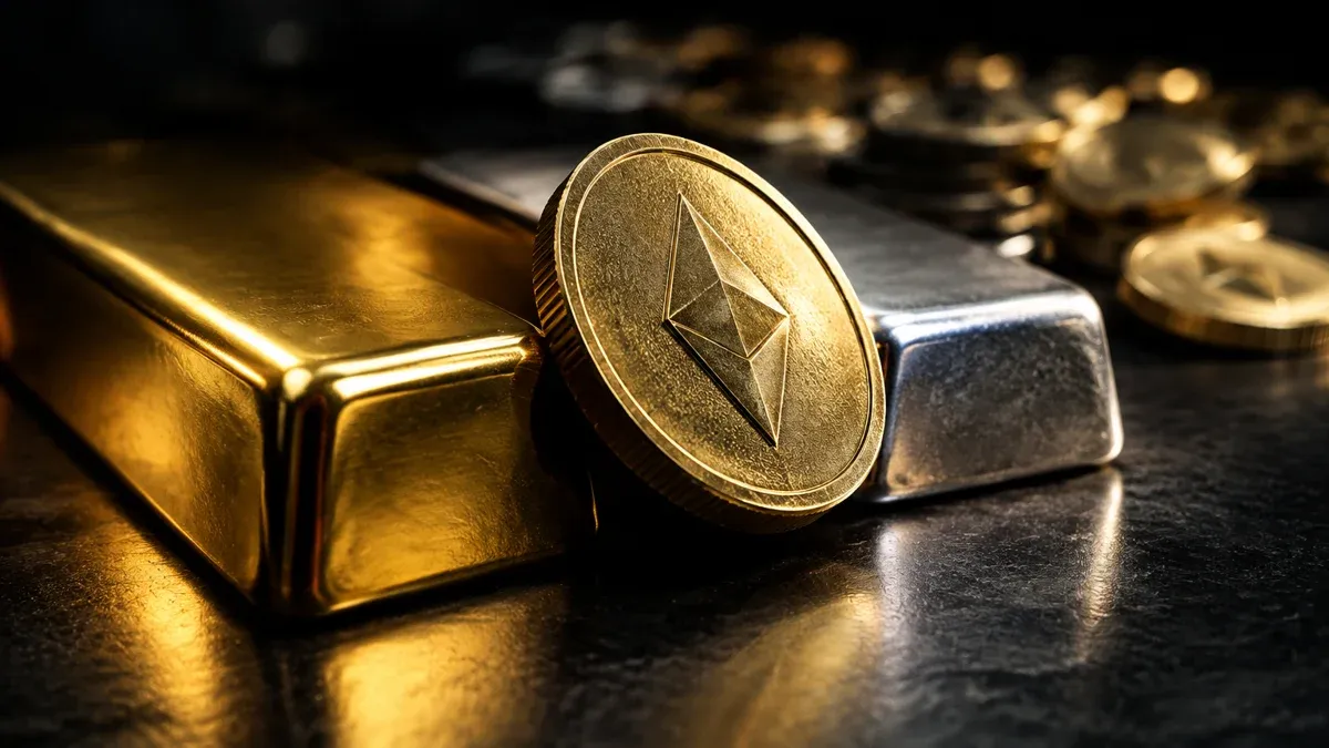 Glatter Goldbarren und Silberbarren auf dunkler Stahlplatte, davor eine Münze mit eingeprägtem rautenförmigem Symbol