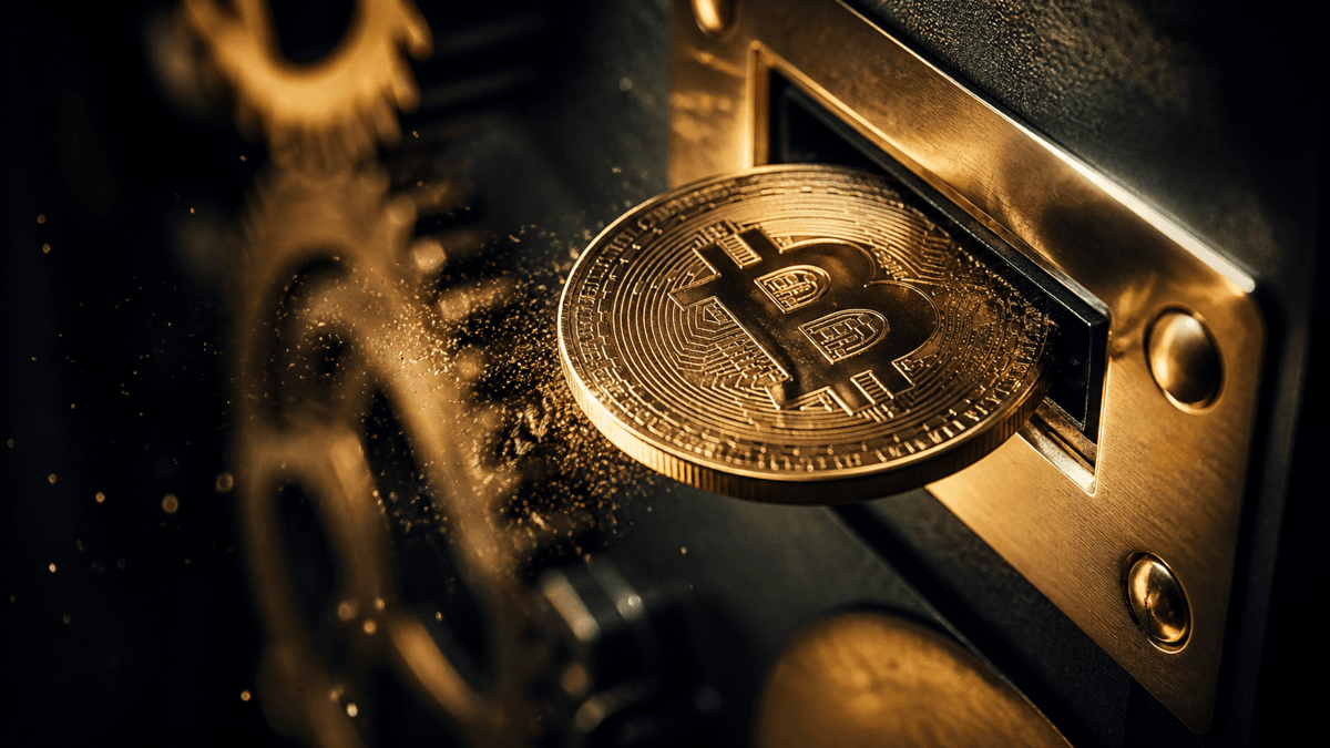 Makroaufnahme einer Bitcoin-Münze, die durch einen engen Messingschlitz gleitet und feine Metallspäne abschabt