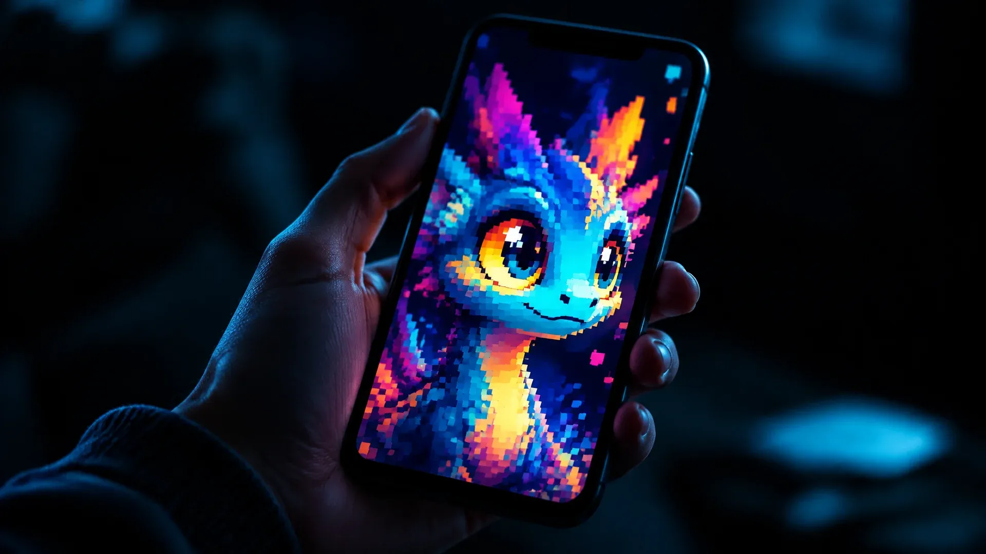 Hand hält ein Smartphone mit digitaler Pixelkunst auf dem Bildschirm