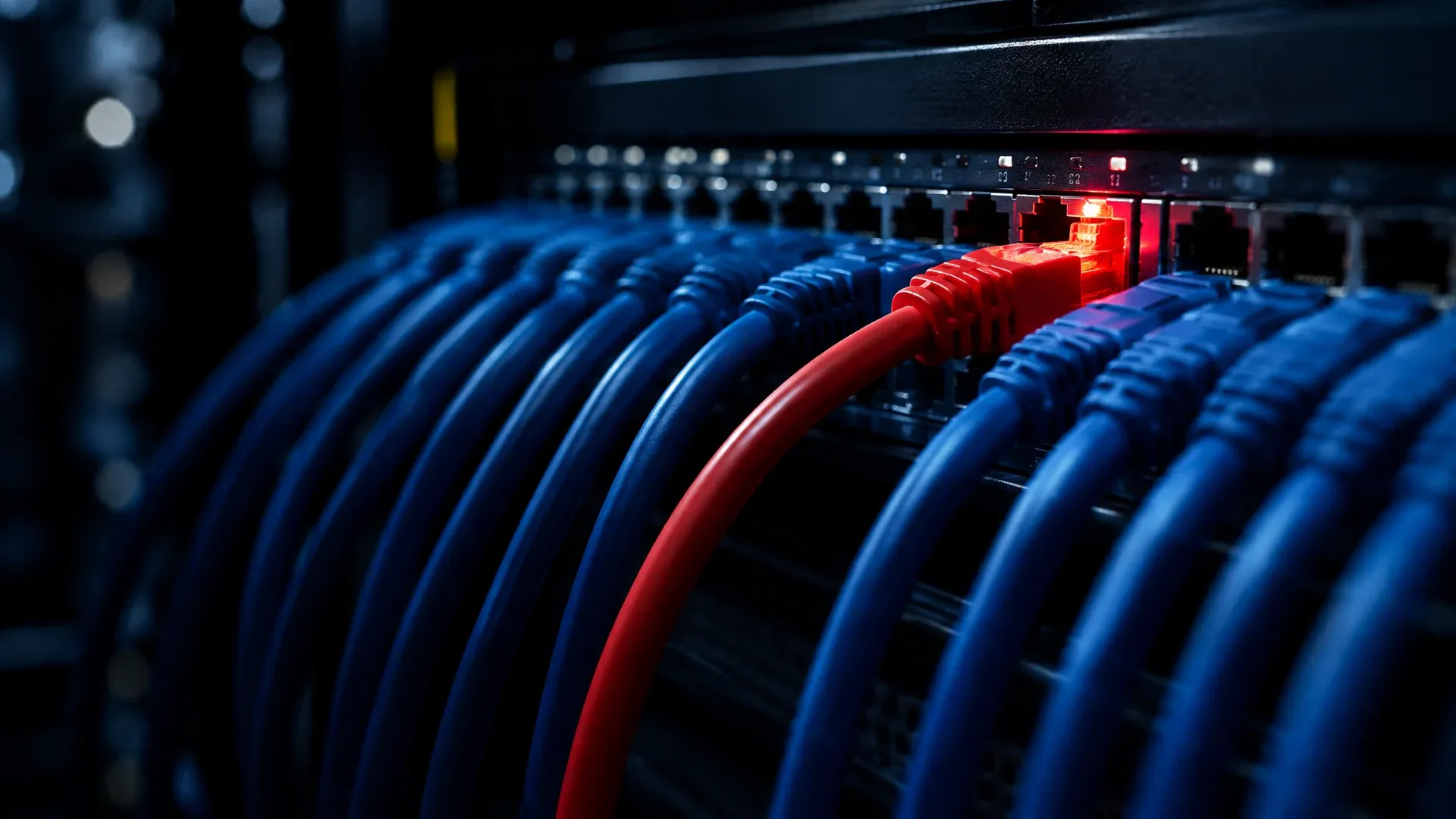 Close-up of a patch panel: among dozens of blue network cables, a single red cable sits in a port lit in red