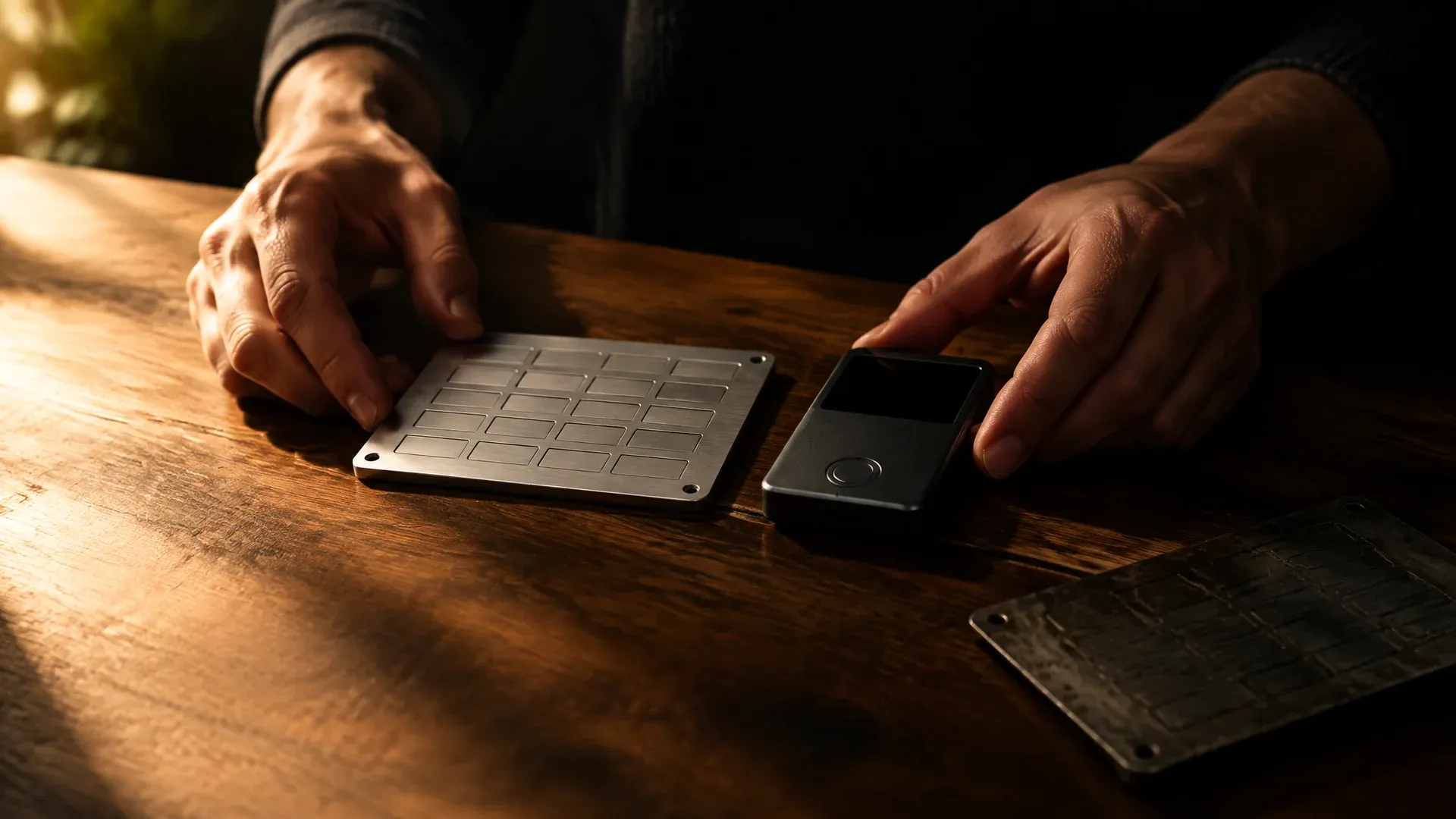Two hands place a blank metal plate with punch fields next to a new hardware wallet on a wooden table, the old plate lying apart in shadow