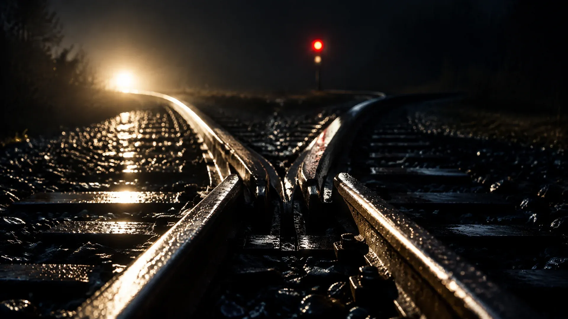 Nächtliche Eisenbahnweiche im Gegenlicht, an der zwei Gleise auseinanderlaufen