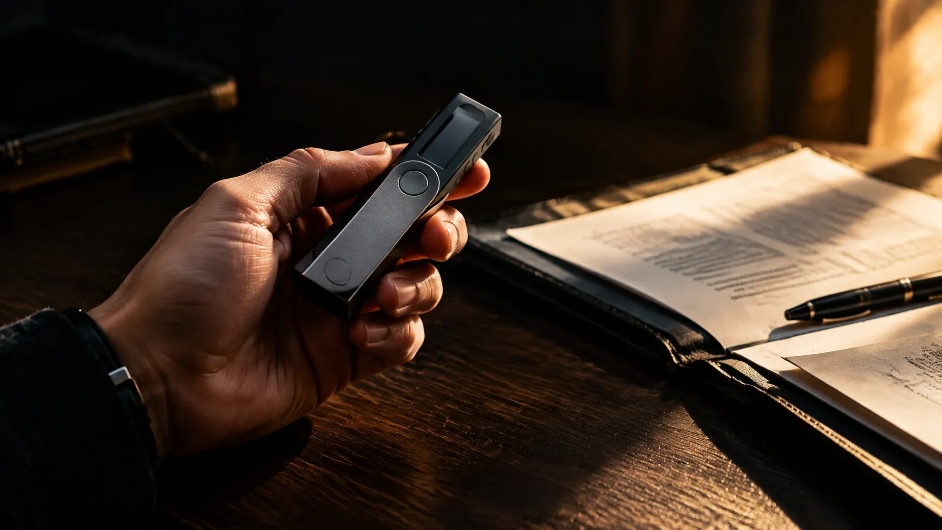 Markenlose Hardware-Wallet in einer Hand über einem dunklen Holztisch neben einer Mappe mit Papieren