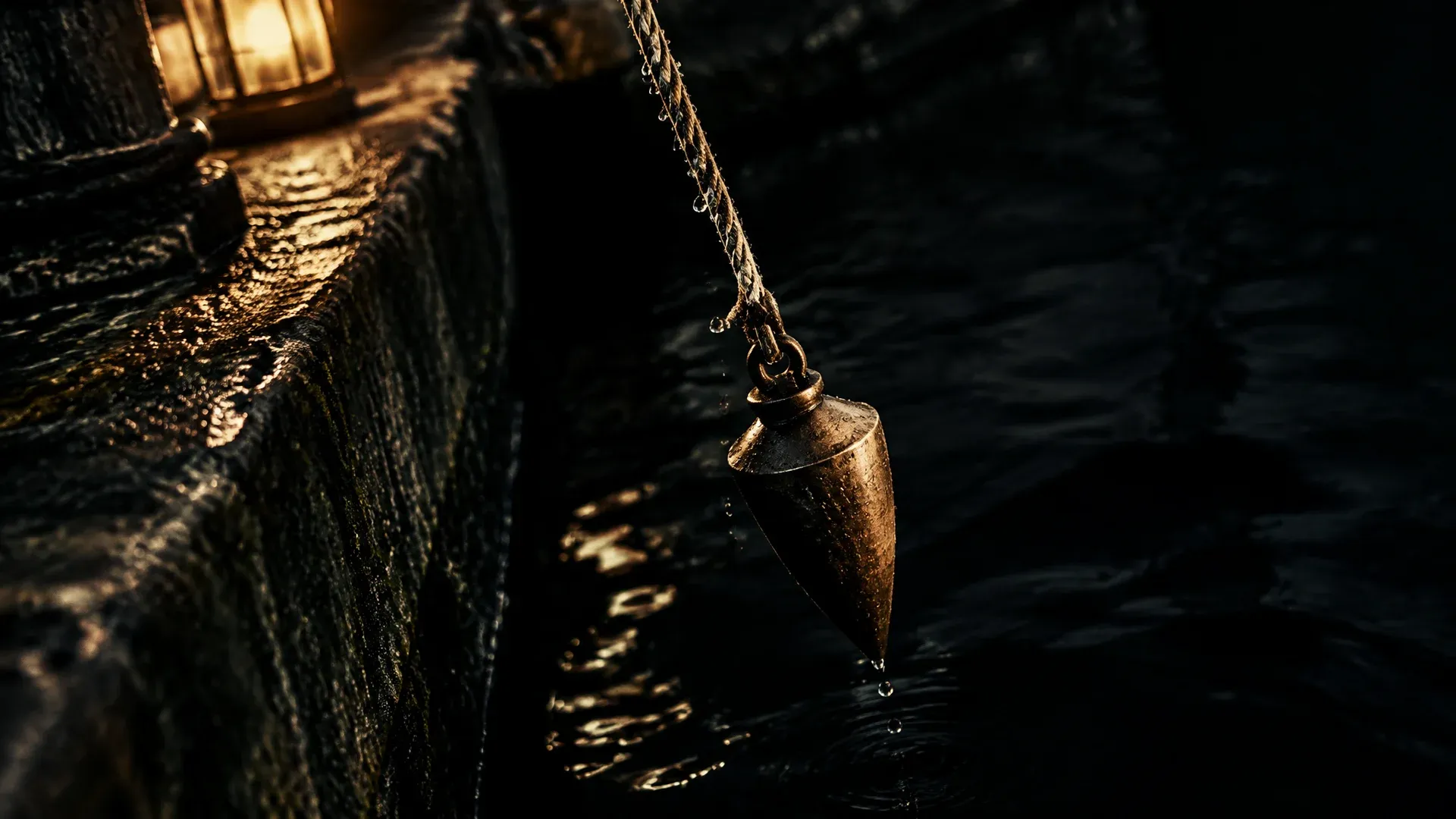 Plomb de sonde en bronze au bout d une ligne mouillee descendu d un quai sombre dans l eau du port