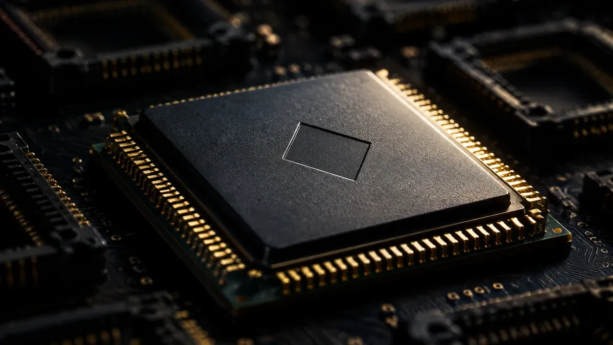 Chip-Makro: einzelner Prozessor auf dunkler Platine mit goldenen Kontaktreihen und eingeprägter Raute, ringsum unscharfe leere Sockel