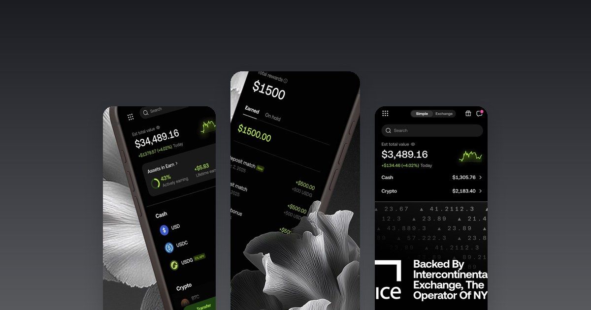 The OKX app on three smartphones: trading view, card and buy screen