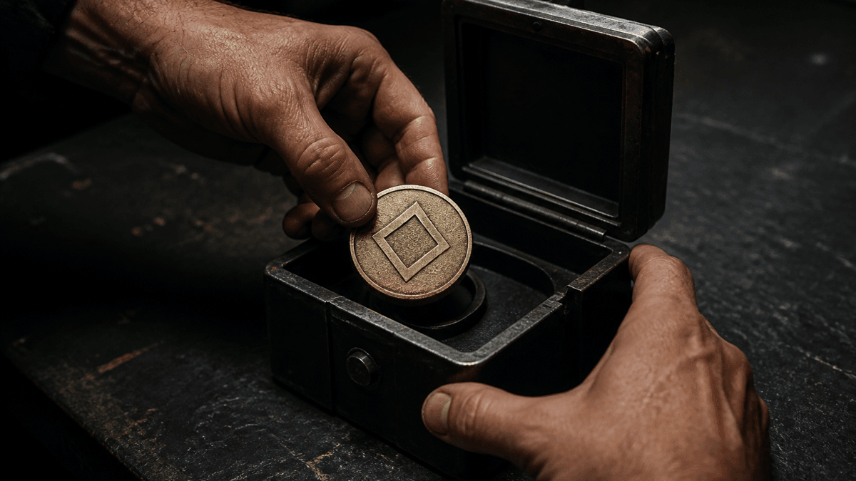 Zwei Hände legen eine Münze in ein kleines robustes Metallgehäuse mit aufgeklapptem Deckel
