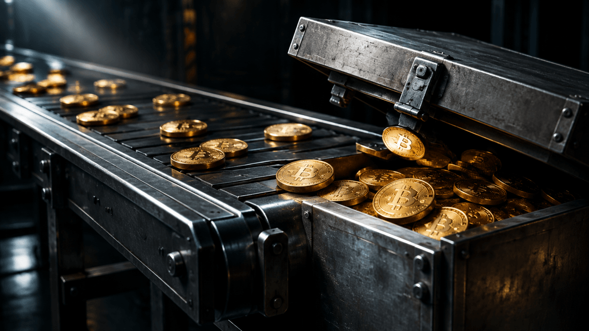 A steel conveyor belt carrying gold coins into a heavy steel cassette whose lid is about to fall shut