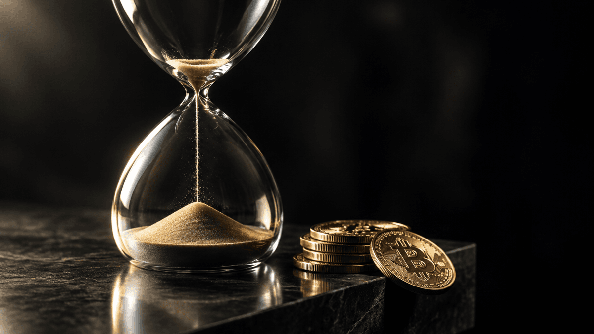 An hourglass with an almost empty upper bulb on a dark stone slab, next to it a stack of gold coins, the top one jutting over the edge of the table