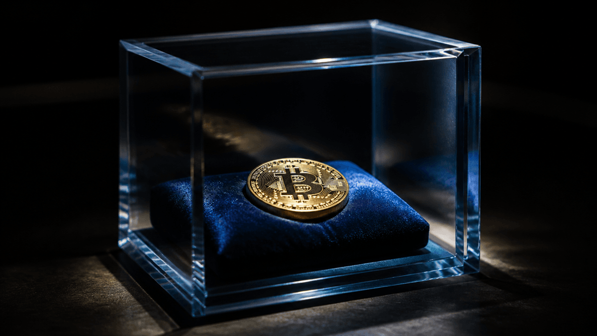 Fugenlose Panzerglas-Vitrine ohne Griff und ohne Schloss, darin eine Münze mit Bitcoin-Symbol auf einem Samtkissen unter hartem Spotlicht