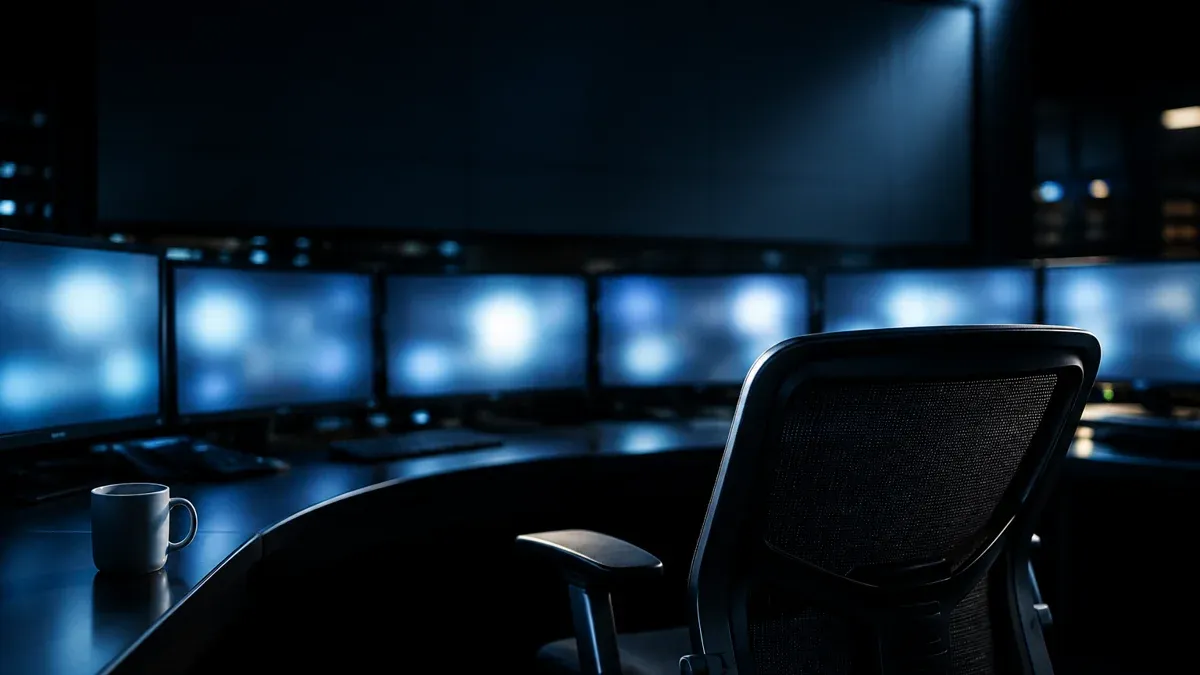 A control room at night, a curved row of dark monitors showing blurred patches of light, an empty wall board above, an empty swivel chair in the foreground