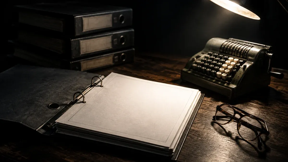 An open ring binder with blank forms on a dark wooden table, beside it a mechanical desk calculator and a pair of reading glasses in hard side light