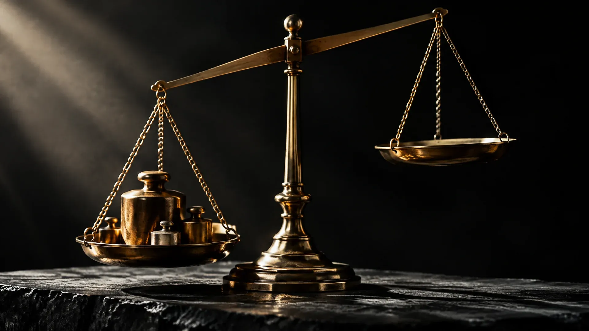 Heavy brass scales with two unequally loaded pans on a dark stone slab, one pan hanging low while the other floats high