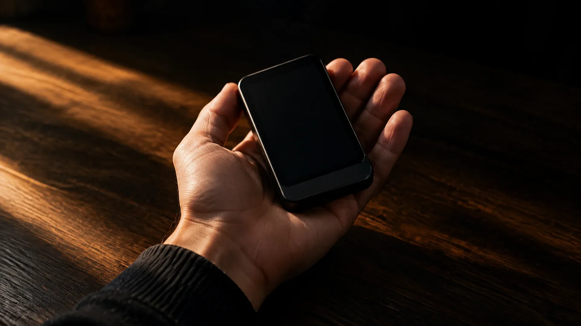 An unbranded black hardware device with a dark display resting in an open palm above a dark wooden table