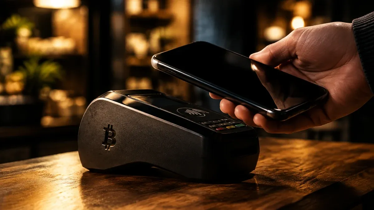 Nahaufnahme eines Kartenterminals auf einem Ladentisch, eine Hand hält ein Smartphone mit dunklem Display darüber
