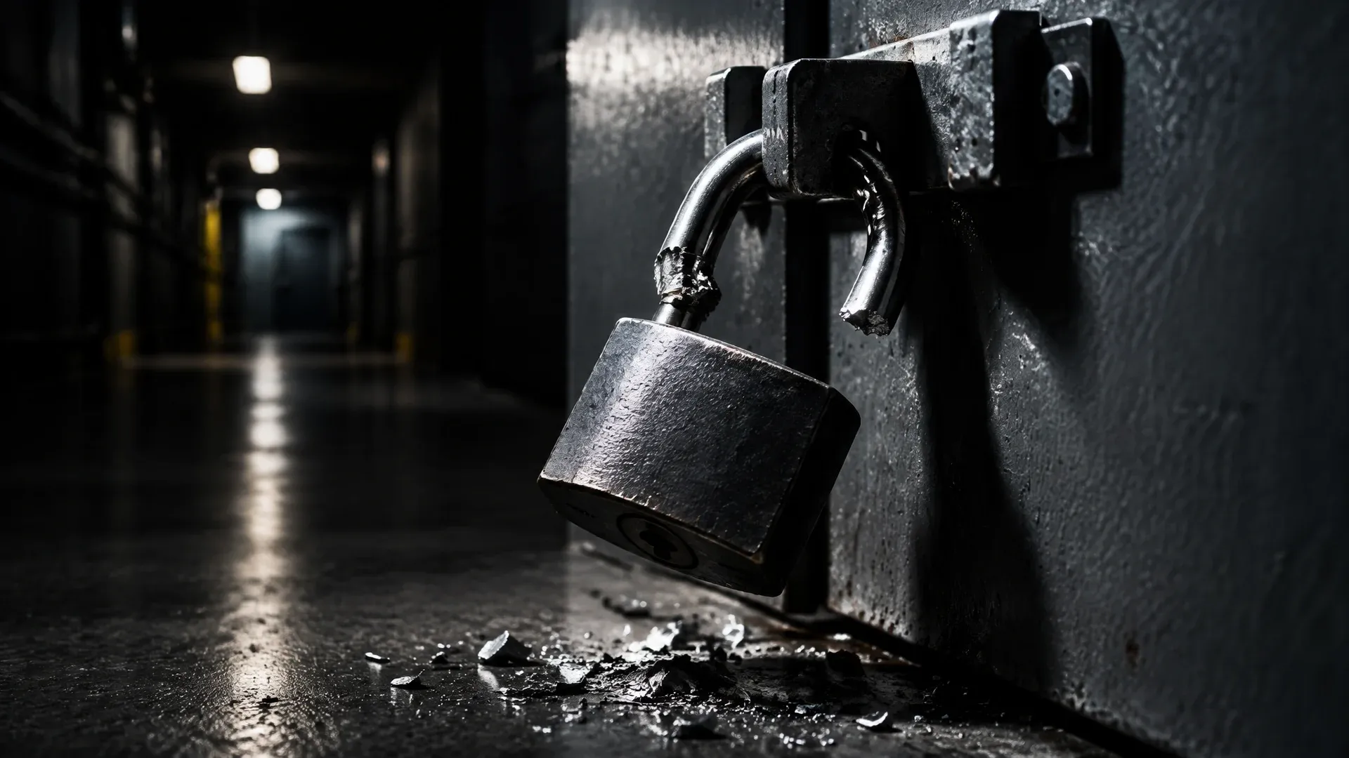 Forced padlock with a cleanly severed shackle on a grey steel door, metal shavings on the floor