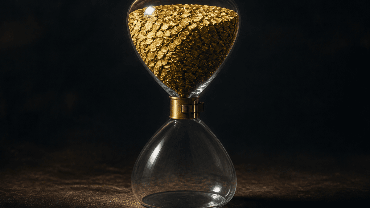 Sanduhr mit goldenen Muenzen in der oberen Kammer, die Engstelle durch einen Riegel verschlossen, untere Kammer leer