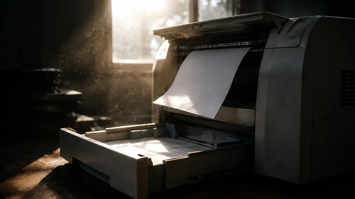 Geöffneter Bürodrucker mit herausgezogener Papierkassette und einem halb eingezogenen Blatt im Gegenlicht