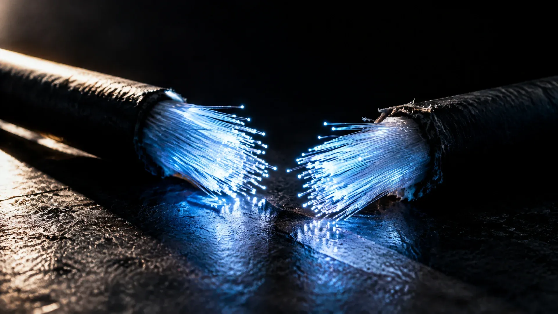 Durchtrenntes Glasfaserkabel auf dunklem Stahl, aus beiden Schnittflächen treten leuchtende Lichtfasern