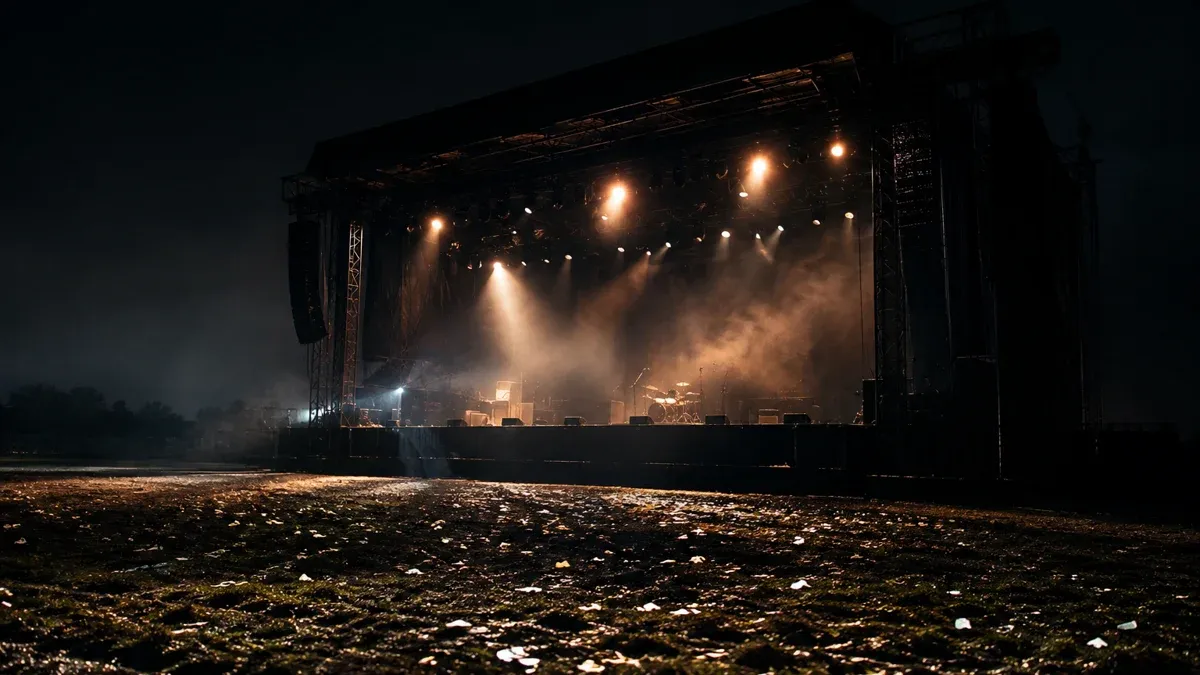 Leere Festivalbühne bei Nacht, die Scheinwerfer gehen nacheinander aus
