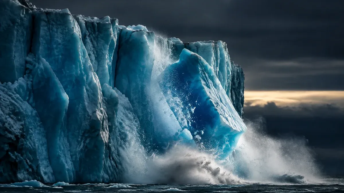 Gletscherfront kalbt, ein großer Eisblock bricht ab und stürzt in dunkles Polarmeer