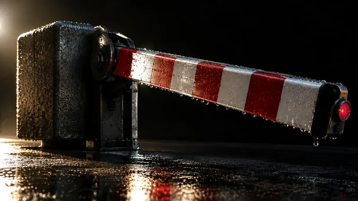 Rot-weiß gestreifte Metallschranke, die sich kurz vor dem Einrasten senkt, im Gegenlicht über nassem Asphalt