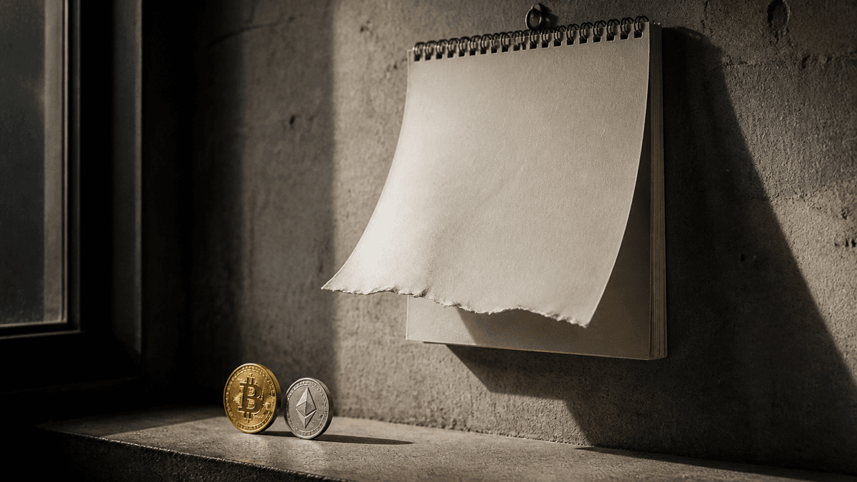 Empty paper wall calendar without numerals and with a half-torn page on a concrete wall, below it a gold coin with a B symbol and a silver coin with a diamond symbol