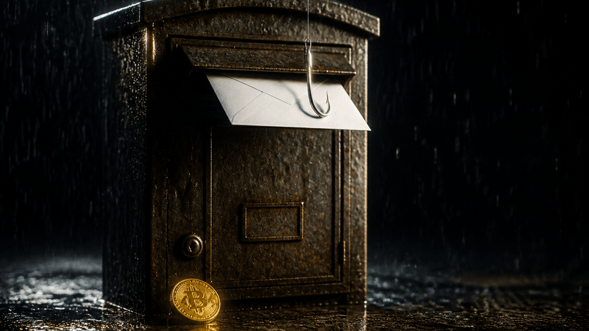 Rain-soaked metal letterbox with a blank white envelope in the slot, a bare fishing hook hanging on a line above it, and a gold coin with a B symbol in front