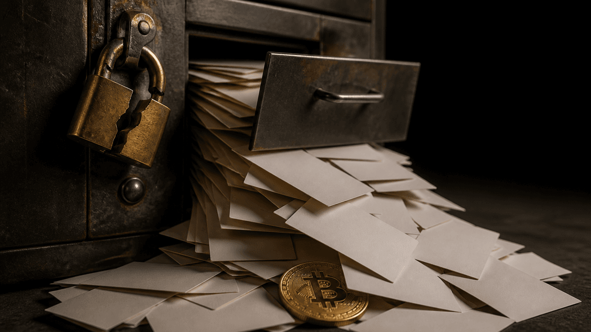 Aufgebrochenes Messing-Vorhängeschloss an einem Metallschrank, aus dem unbedruckte Karteikarten quellen, im Vordergrund eine Goldmünze