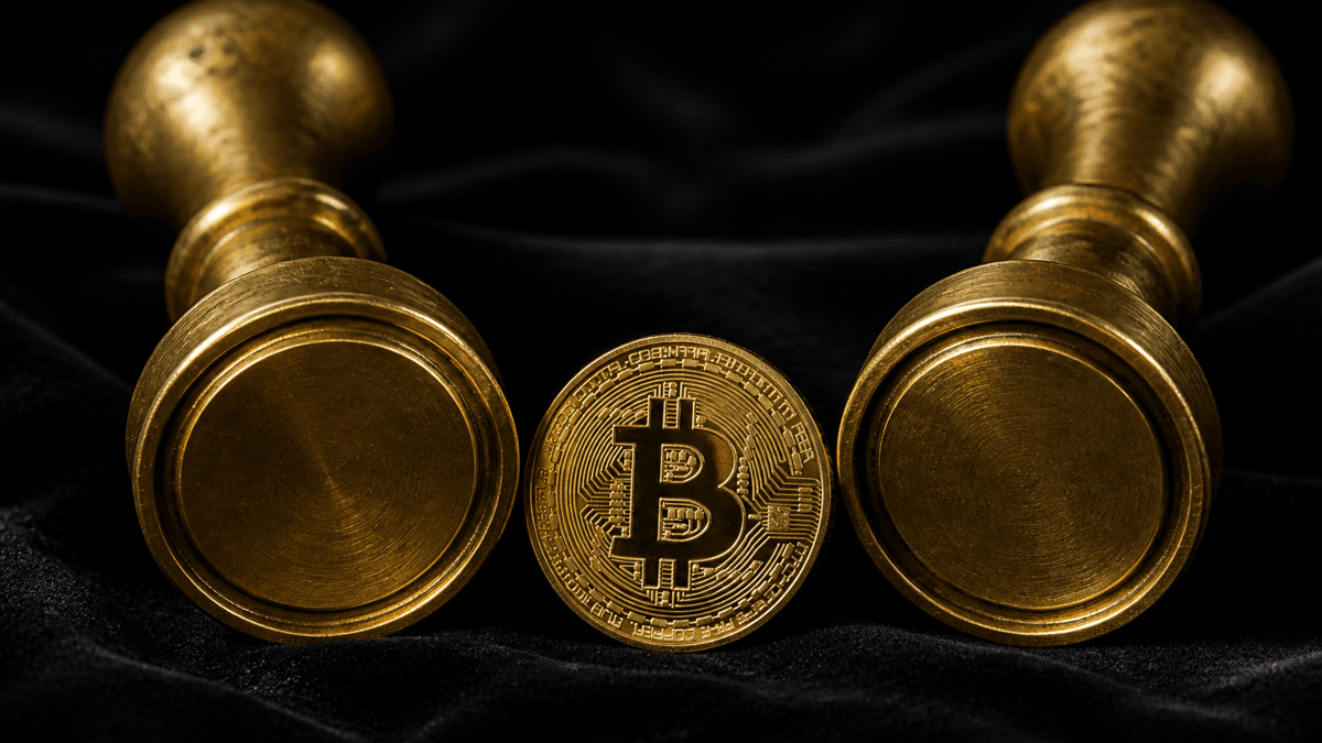 Zwei fast identische Messingstempel nebeneinander auf dunklem Samt, einer mit haarfeiner Gussnaht, dazwischen eine Münze mit eingeprägtem Bitcoin-Zeichen