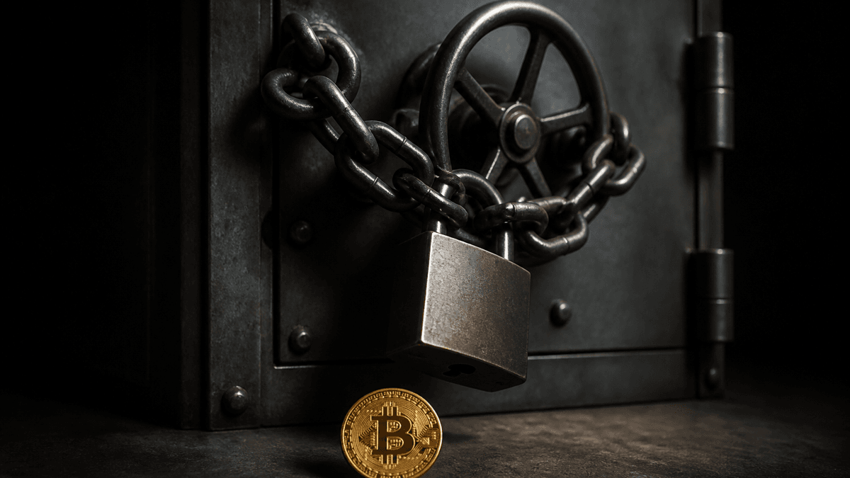 Stahlkette mit massivem Vorhängeschloss am Griff einer Tresortür, davor eine Münze mit eingeprägtem Bitcoin-Zeichen
