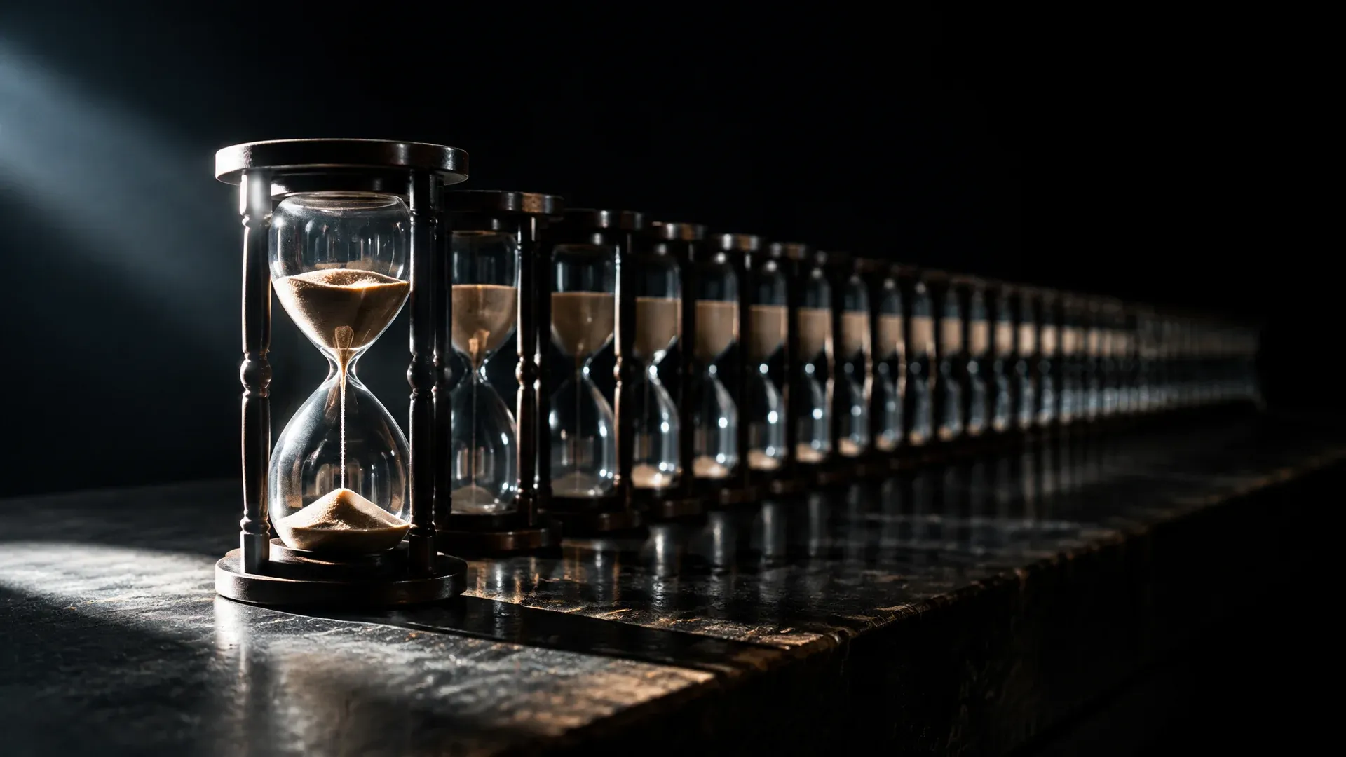 Row of two dozen identically sized hourglasses on a dark workbench, the foremost one running out