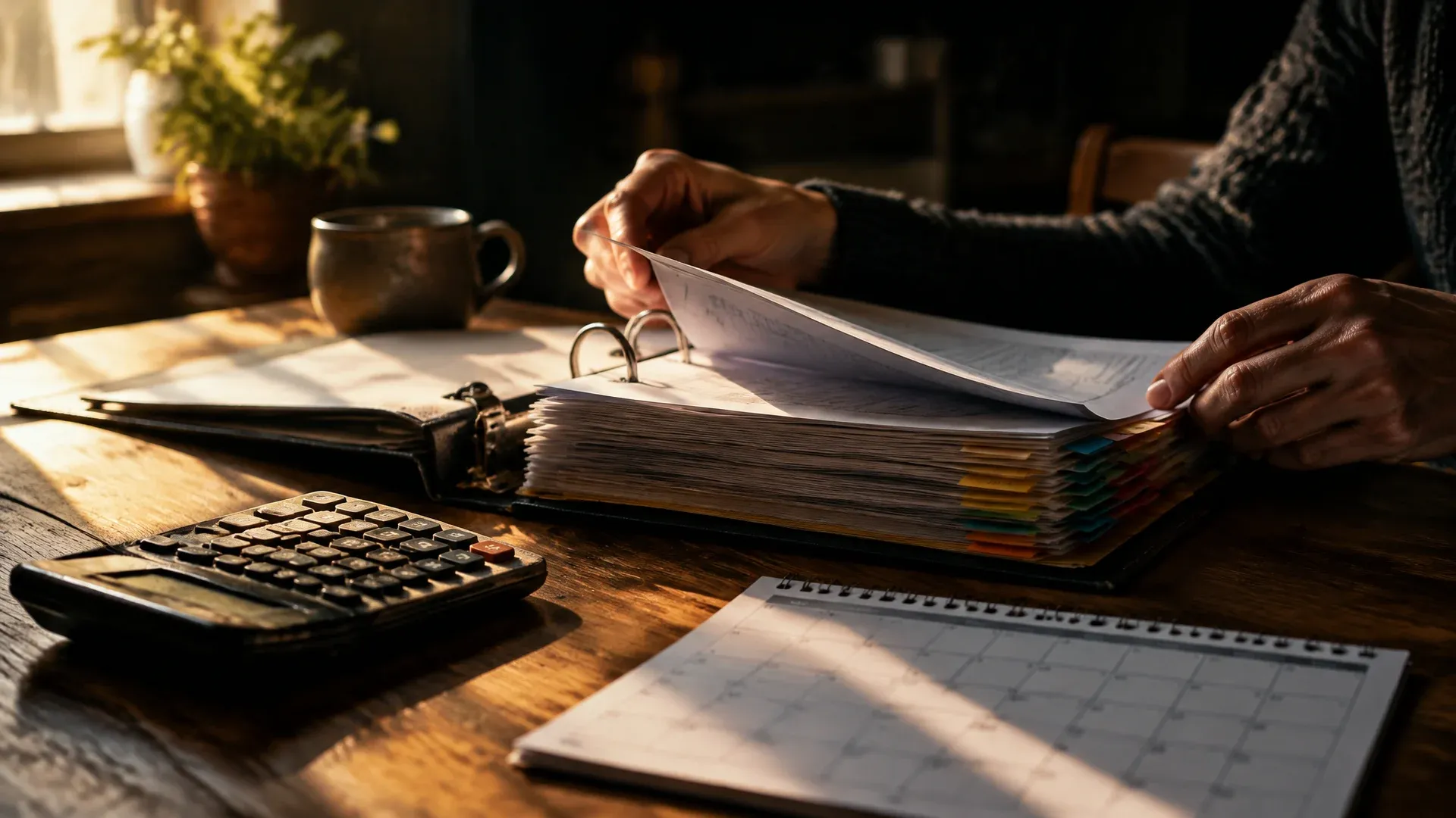 Open tax folder with index tabs and a calculator on a kitchen table, two hands leafing through it