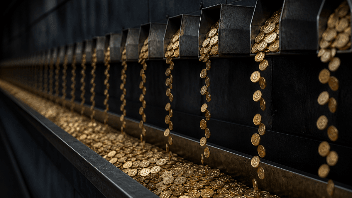 Lange Reihe kleiner Metallschuetten an einer dunklen Wand, aus jeder rieselt ein duenner Muenzstrom in ein gemeinsames Auffangbecken