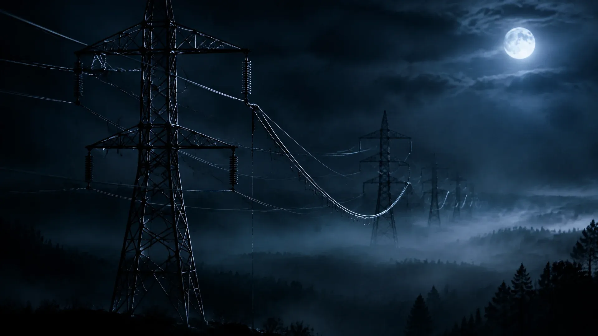 Reihe von Hochspannungsmasten im Nebel bei Nacht, eine Leitung hängt tiefer durch als die anderen