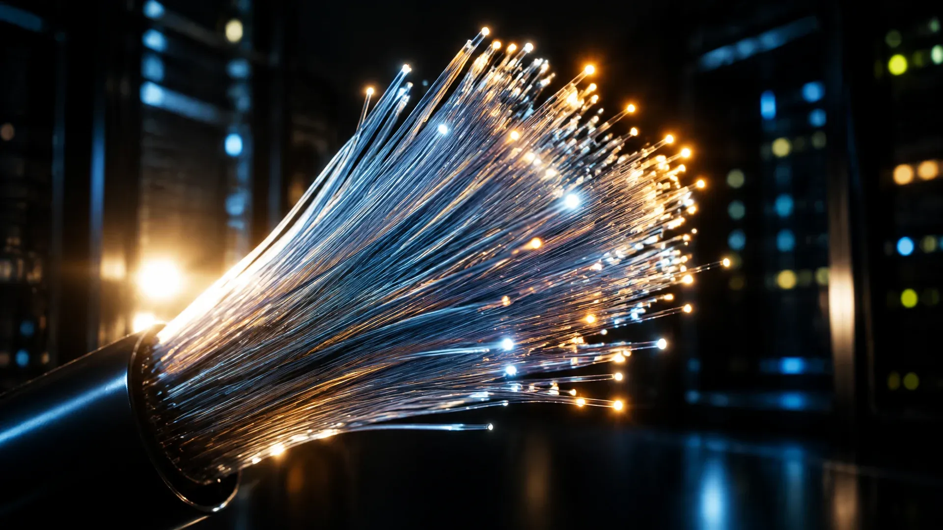 Aufgefächertes Bündel Glasfasern im Gegenlicht, die Faserenden glühen punktuell in einem dunklen Technikraum