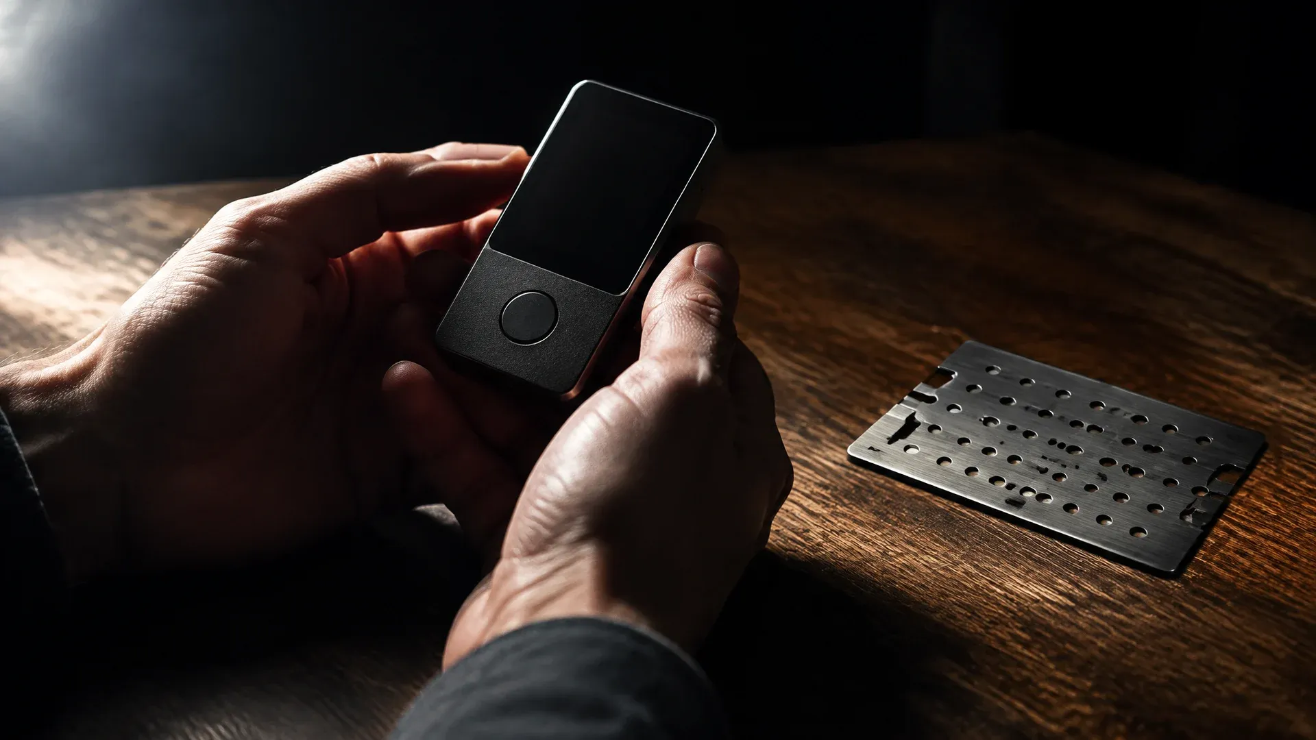 Zwei Hände halten eine markenlose Hardware-Wallet mit dunklem Display über einem Holztisch neben einer gestanzten Metallplatte