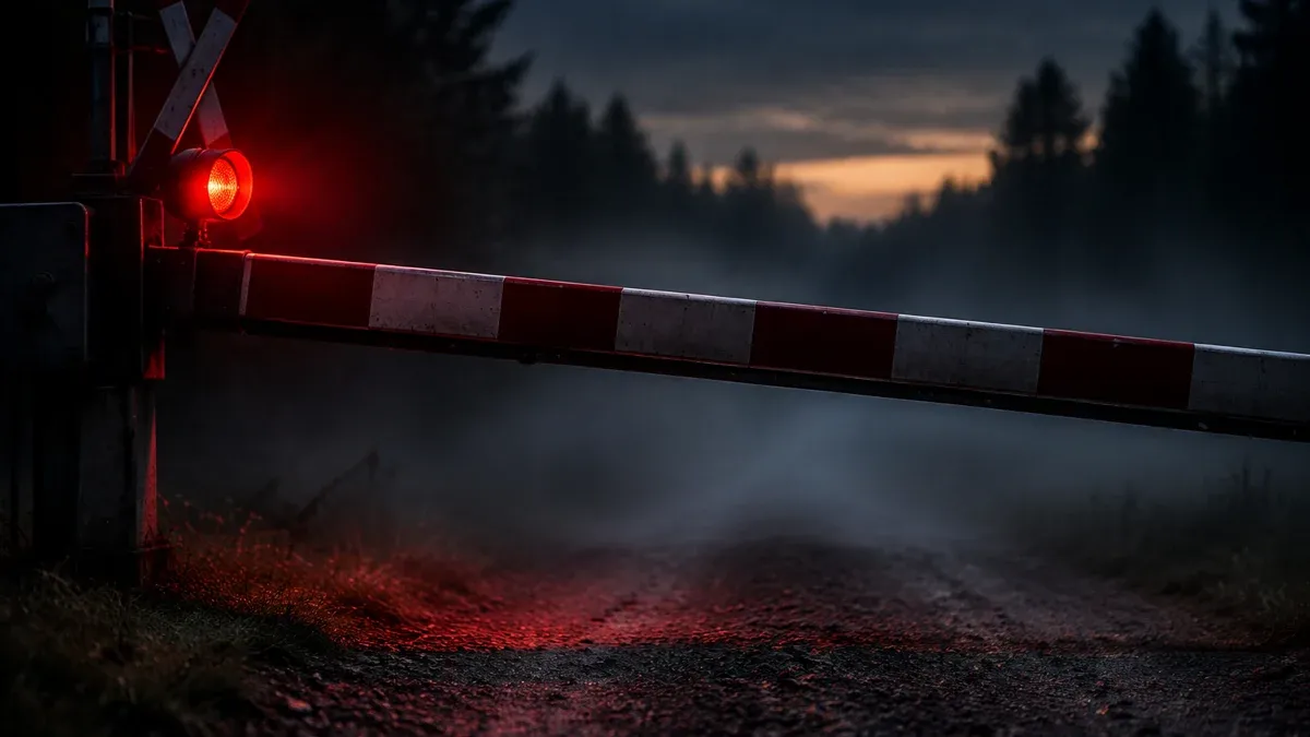Eine schwere Bahnschranke senkt sich im Bodennebel über einen leeren Schotterweg, seitlich glüht ein rotes Warnlicht