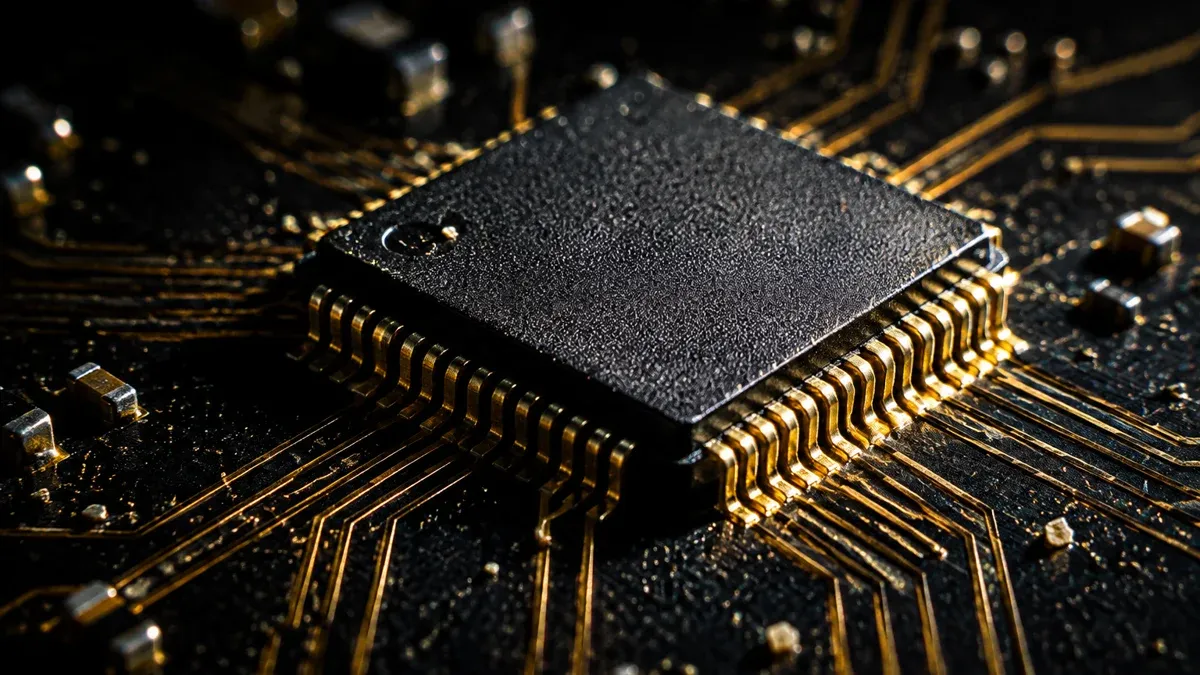 Makroaufnahme eines einzelnen Mikrochips auf einer dunklen Platine, goldene Kontaktbeine glänzen im harten Seitenlicht