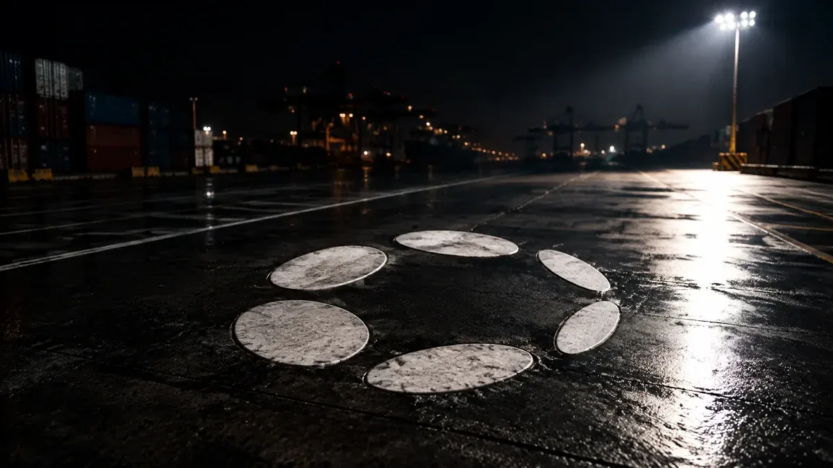 Night-time freight terminal with a wet, almost empty loading area, the dotted Polkadot symbol as a large stone inlay in the ground, a light mast casting hard side light