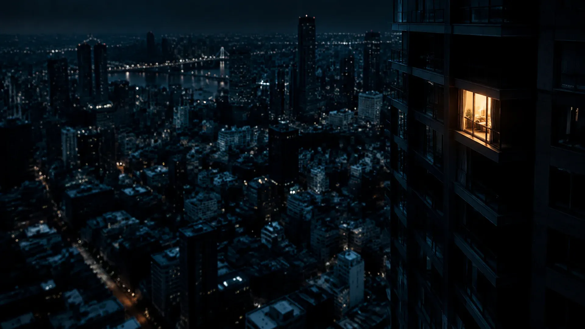 Vista desde arriba de una ciudad nocturna con un mar denso de casas, con la luz encendida en exactamente una ventana de un rascacielos